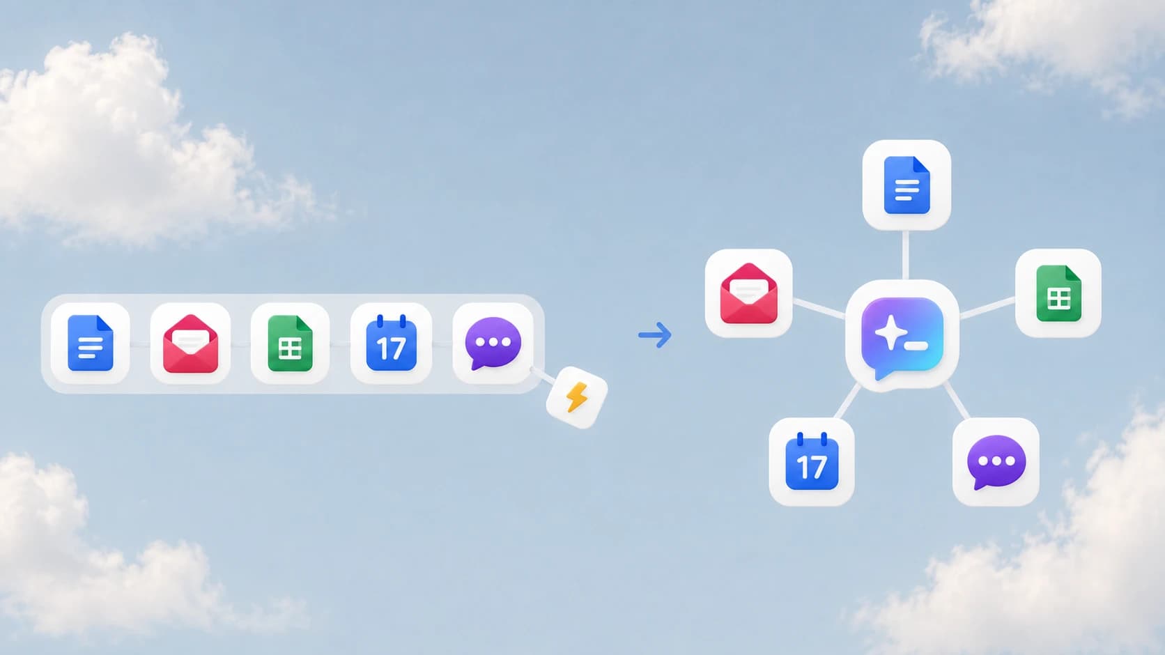 The same five apps twice: chained in a rigid row with a power source bolted onto the end, then redesigned in a ring around the Assistant at the center, each app connected directly to it