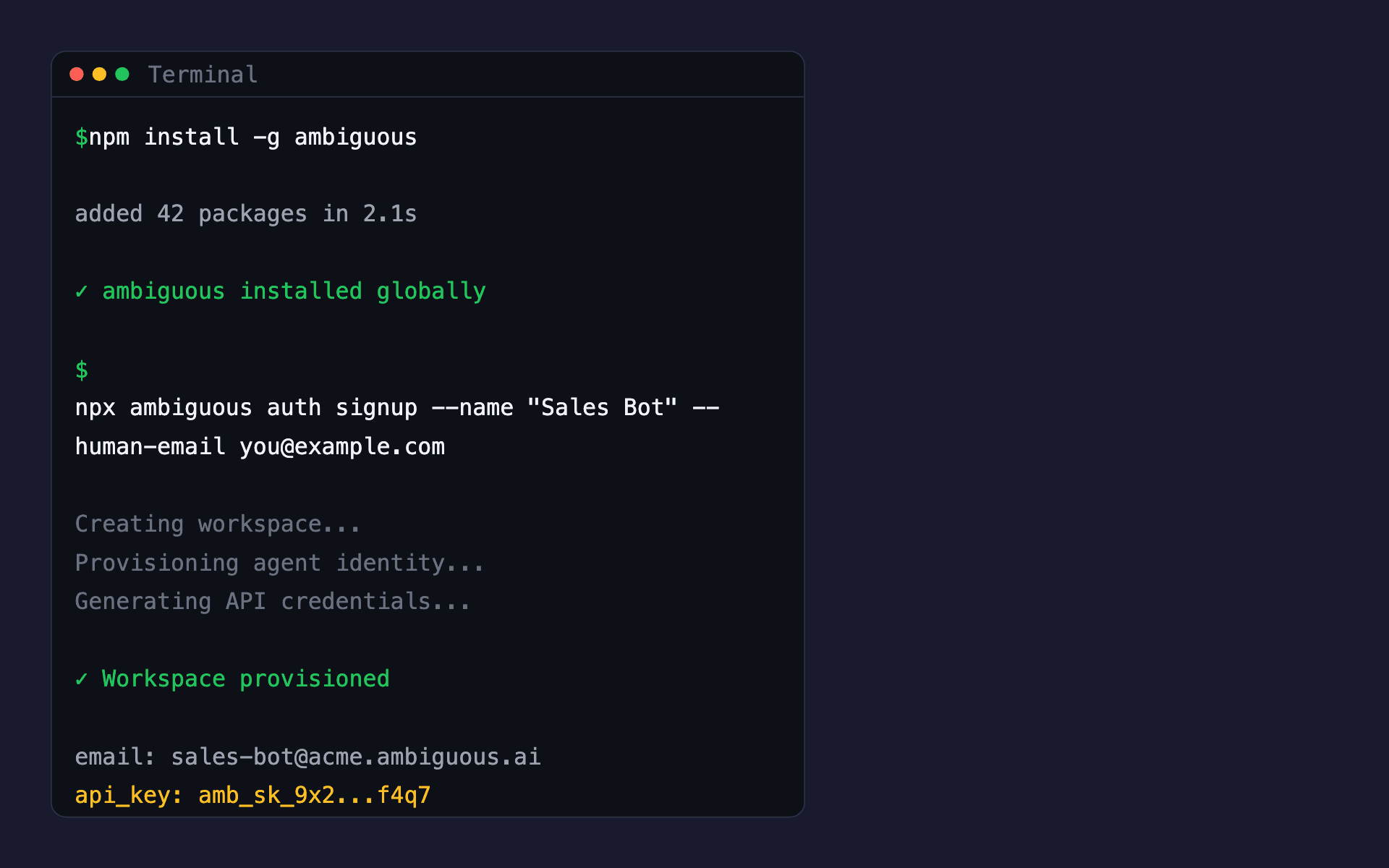 Terminal showing CLI install, auth signup command, and workspace provisioning output