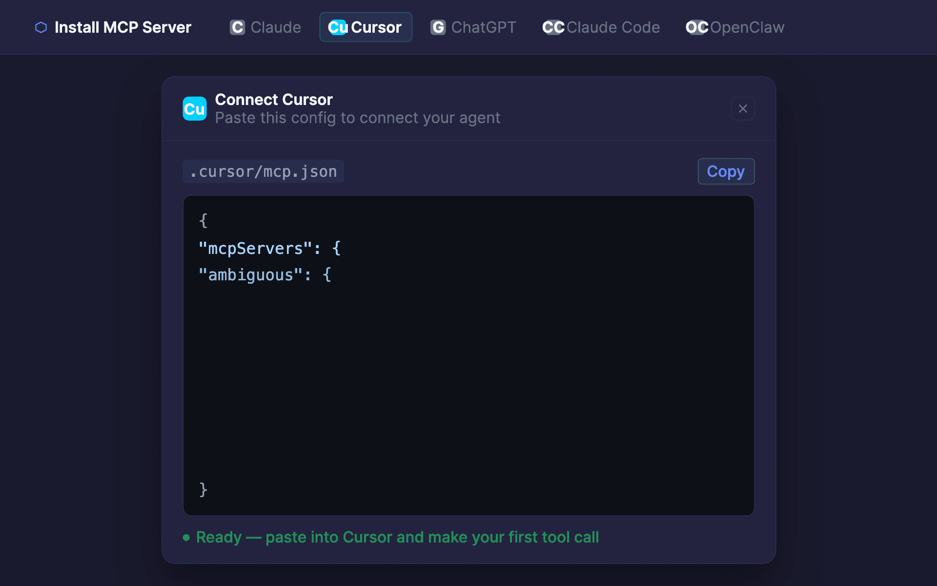 MCP install modals for Claude, Cursor, ChatGPT, Claude Code, and OpenClaw