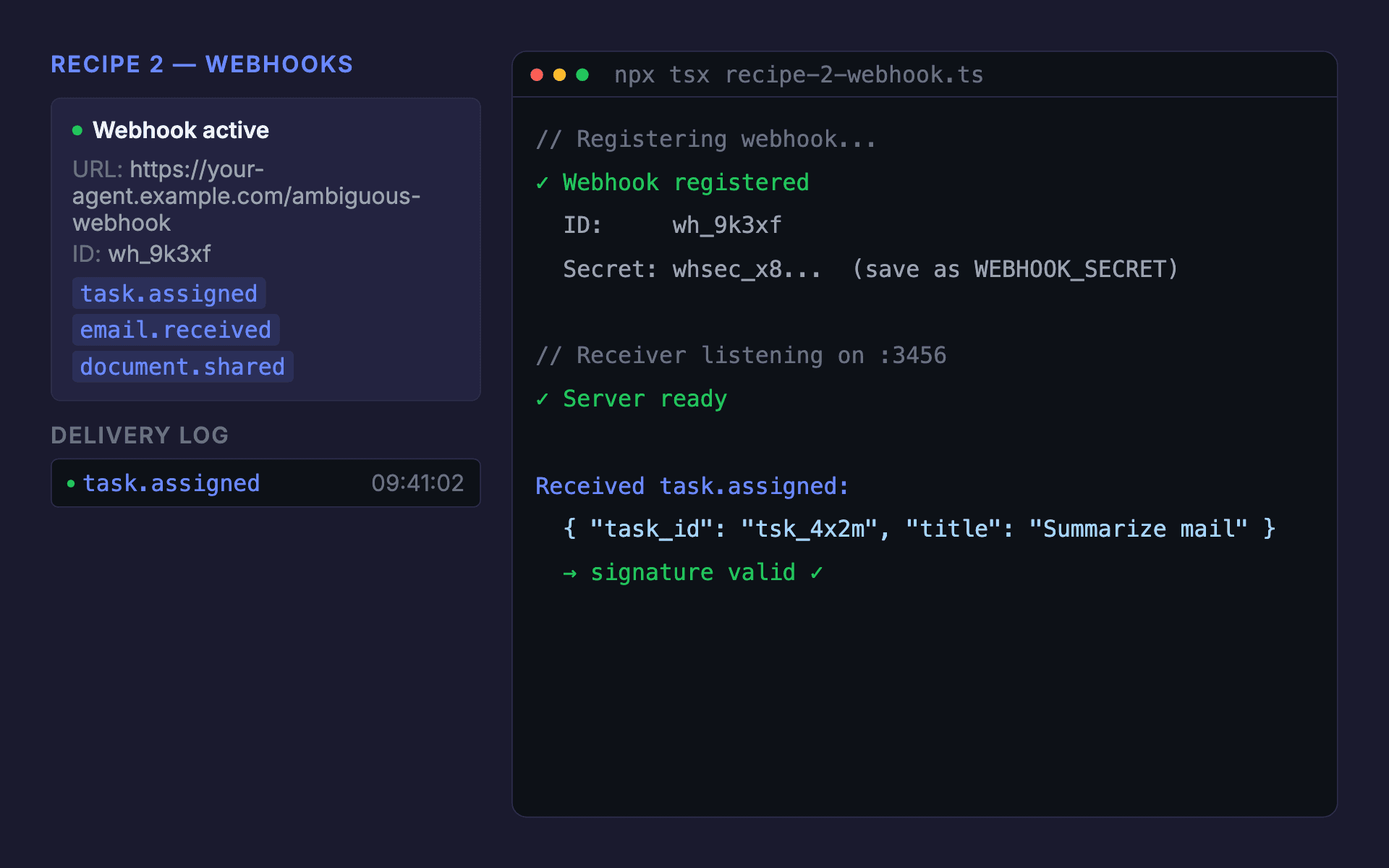 Receive workspace events via webhook outcome: terminal output showing successful execution