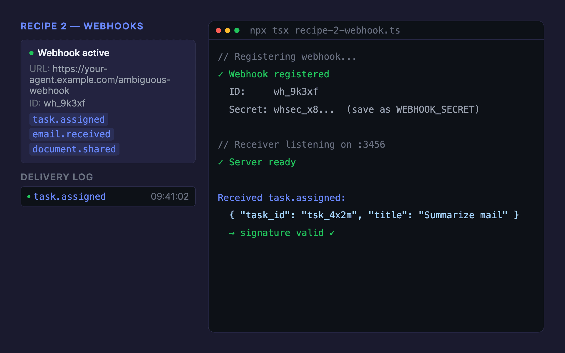 Receive workspace events via webhook outcome: terminal output showing successful execution